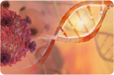 Illustration médicale 3D montrant une double hélice d'ADN à côté d'une cellule cancéreuse ; représentant des tests génétiques et une thérapie ciblée pour les patients atteints de cancer du poumon